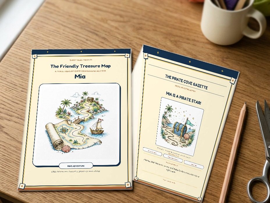 Two printed pages of a personalized Quest Tales PDF on a wooden table: the cover with the child's name and the newspaper finale page