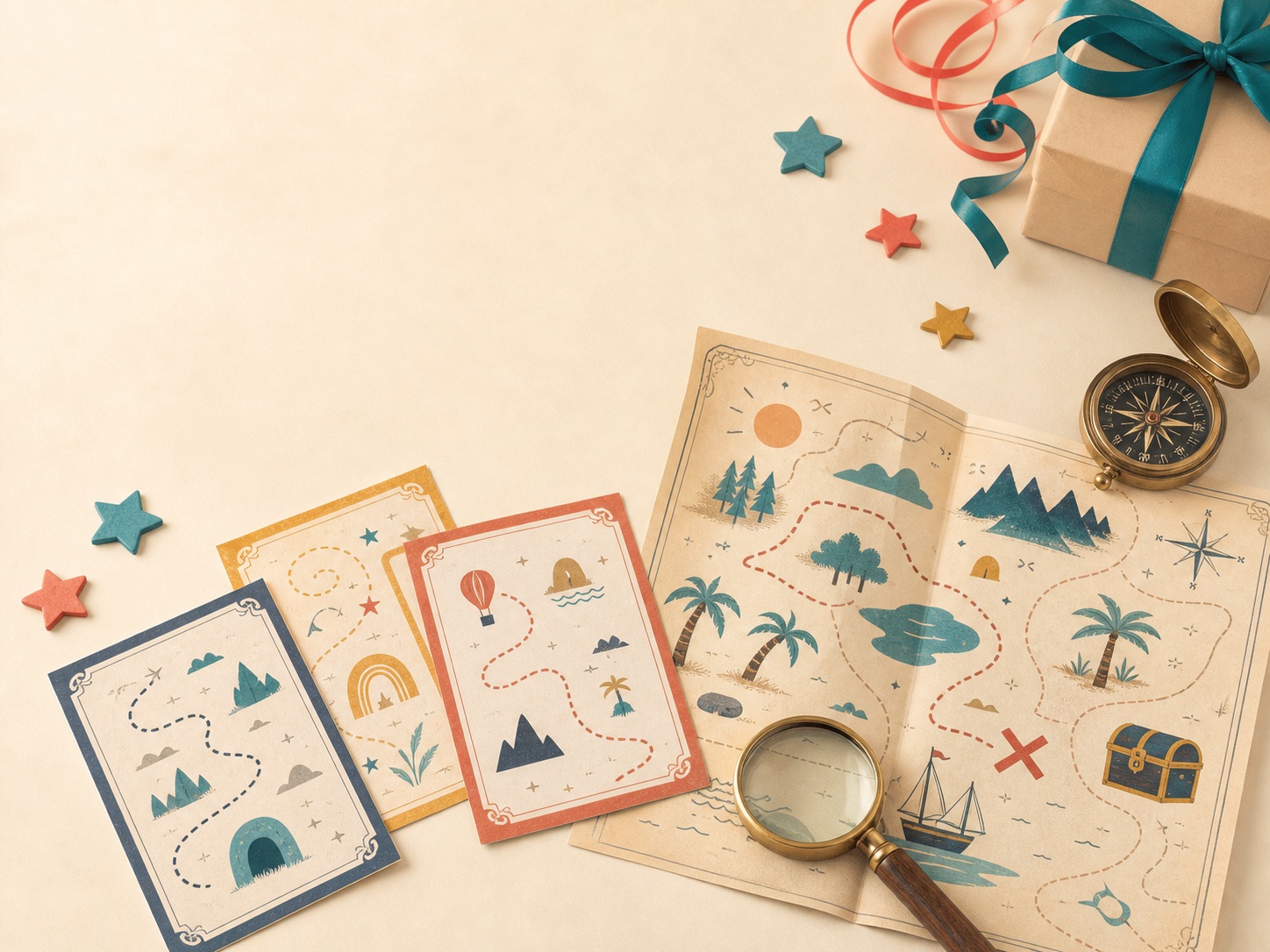 Styled birthday treasure-hunt setup with clue cards, compass, and wrapped gift