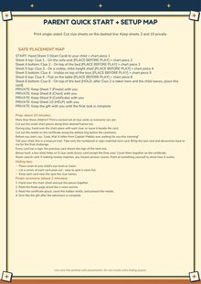Sheet 2: the parent's quick start and setup map, kept private from the child